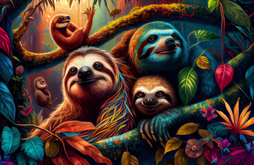 Colorful Jungle with a family of slow loris monkeys, forest natural scenery with trees, monkey and magical landscape of nature