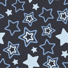 White and blue stars on  dark background. Abstract vector seamless pattern. Best for textile, print, wrapping paper, package and home decoration.