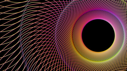 A bright color circle of threads and a hole in the center.