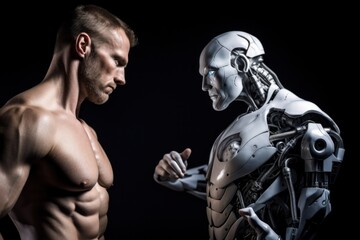 Shirtless man facing cyborg robot, Generative Ai