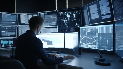 Analyst men working with computer in Business Analytics and Data Management System to make report with KPI and metrics connected to database. Corporate strategy for finance Generative AI