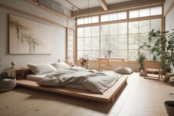 Japanese style white and bleached bedroom. Double bed, tatami mats, couches, meditation zen place. Minimalist interior design, plan, top,. Generative AI