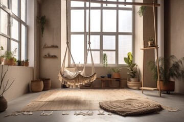 Boho composition with swing, window, commode, and bench. Beige carpet, brown slippers. White. Template. Generative AI