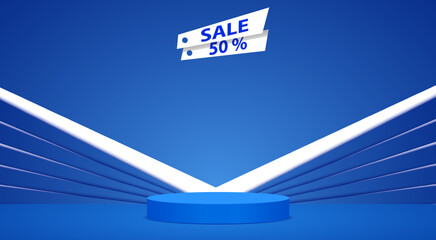 blue podium with sale text background in the blue room
