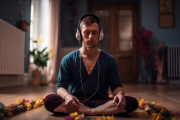 Man meditating wearing headphones, Generative Ai