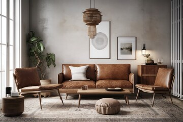Wall mockup in Scandi boho house design with classic brown leather furnishings,. Generative AI