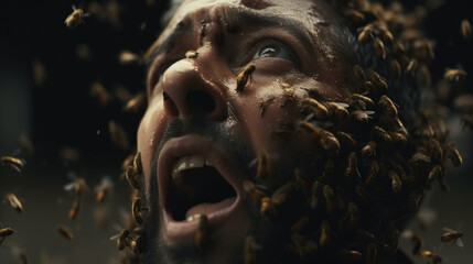 A scared man with his face covered in a swarm of bees. Fear, screaming, frightened. Generative AI. - obrazy, fototapety, plakaty