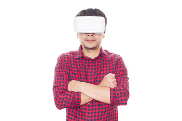 Man stand with arms crossed and using virtual reality headset surprised man looking in VR glasses isolated on white background with clipping path