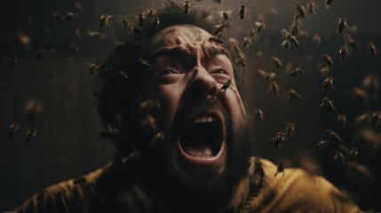 A scared man with his face covered in a swarm of bees. Fear, screaming, frightened. Panic attack. Anxious.