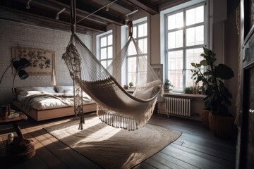 Gorgeous room with comfy hammock. Generative AI