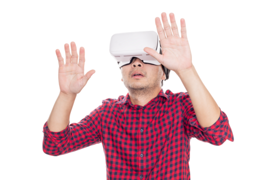 Man using virtual reality headset, surprised child looking in VR glasses.