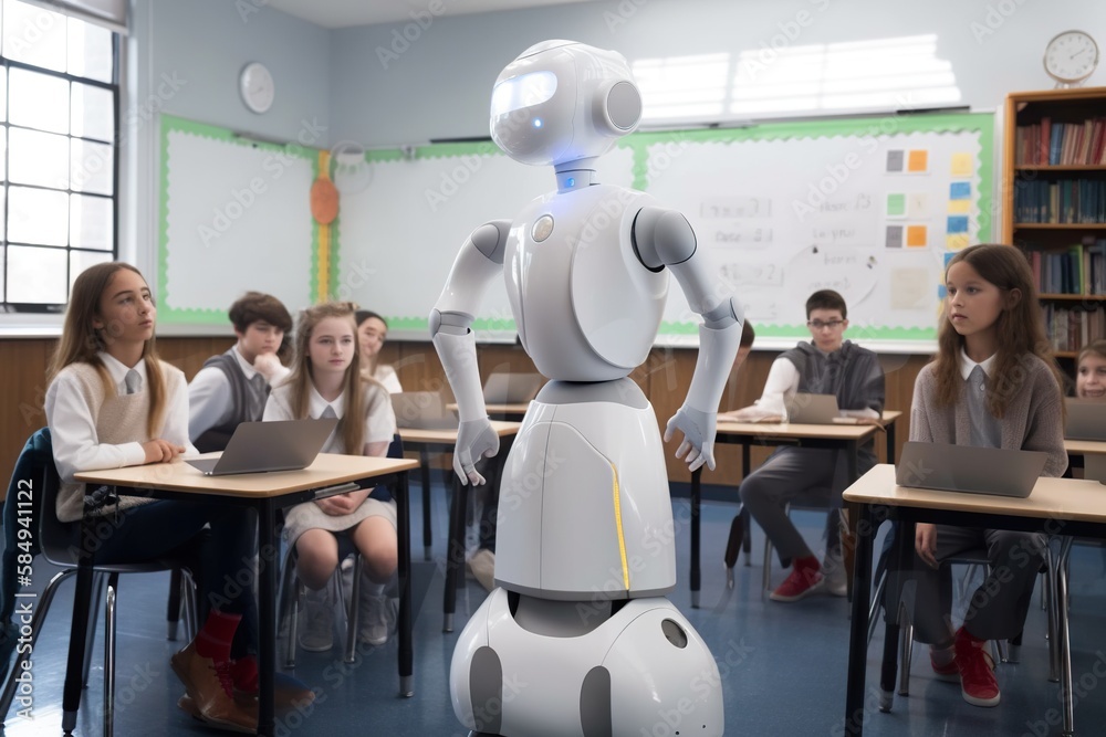 Poster a robot standing in front of a classroom full of students with laptops classroom performance photogr