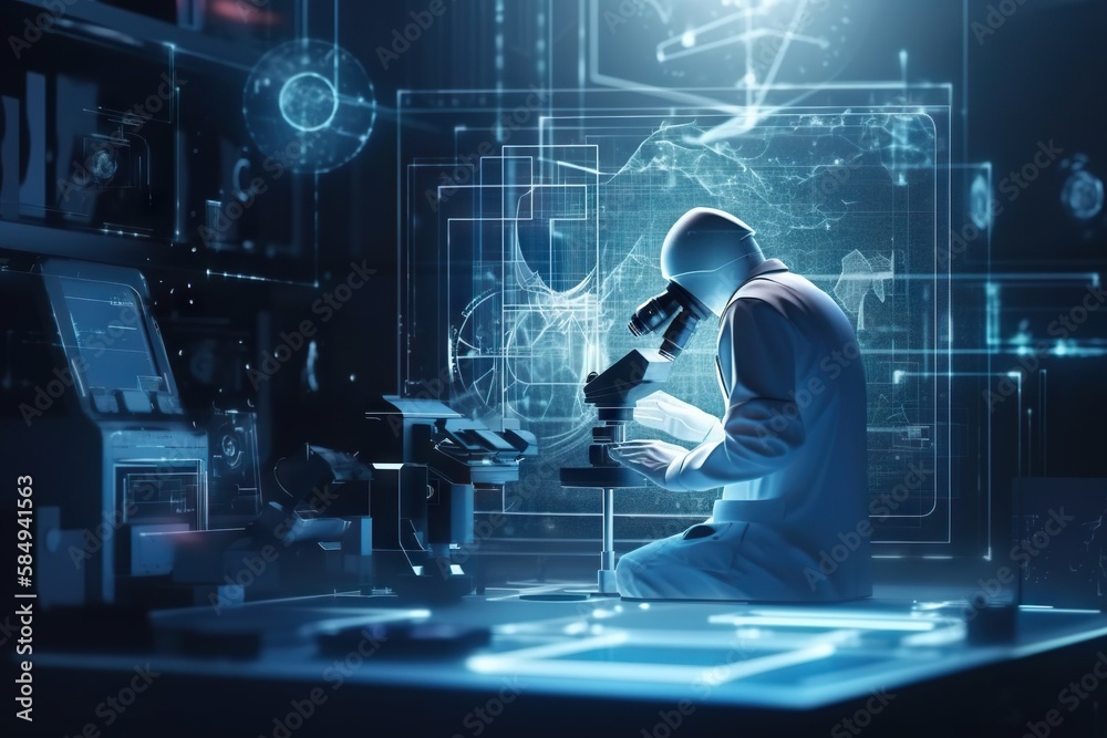 Poster a man in a lab looking at a computer screen with a microscope science museum assemblage science writ
