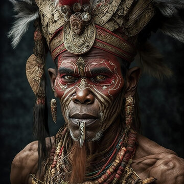 indonesian, warrior, furr warrior, dayak, papua, asmat, detailed face, ornaments, High definition, 4k, 8k, 16k, ai generative