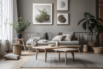 Minimalist living room with gray couch, wooden coffee table, plants, mock up poster frame, and stylish accessories. Interior design. Template. Gray. Parquet. Generative AI