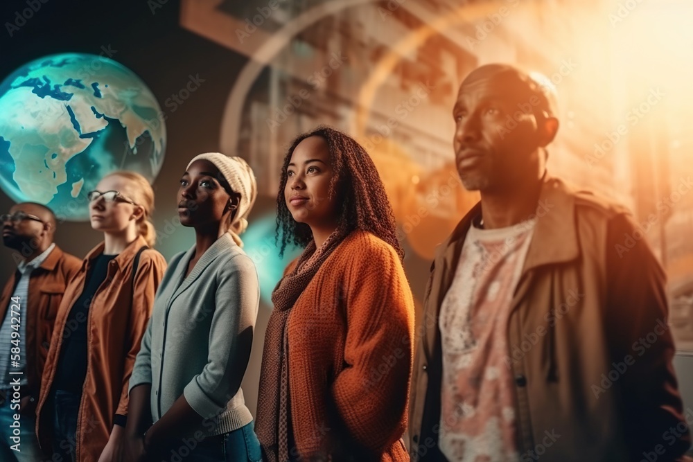 Fototapete A Group Of People Standing In Front Of A Globe With A Sun Shining On It Deep Sea Trench Advertising Photography Diversity And Inclusion Generative AI 