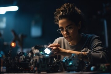 A Woman Working On A Robot In A Dark Room With A Light Workshop Advertising Photography Robotics Engineering Generative AI 