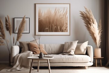 Vertical frame mockup in living room with gray couch, beige cushion, dried Pampas grass on caned table, and Japandi style décor on empty wall backdrop. Generative AI