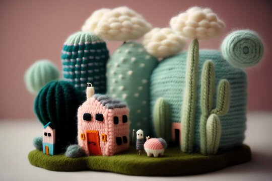 knitting art village cute colors clouds cactus