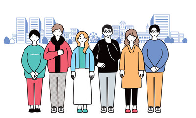 シンプルな街並みと若者のイラスト

