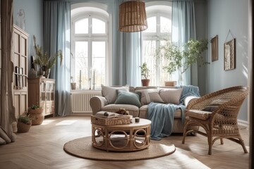 Vintage living room with blue and beige drapes, fabric couch, and rattan flooring. Parquet and arched window. Farmhouse decor,. Generative AI