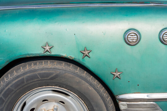 Close Up Of Green Vintage Car Fender