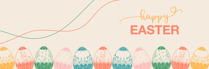 Happy Easter banner with eggs and wavy lines. Modern minimalist style in pastel colors. Easter vector illustration.