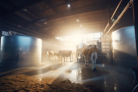 A Group Of Cows Standing In A Barn With A Light Shining On Them Rustic Farm Interior Advertising Photography Industrial Photography Generative AI 