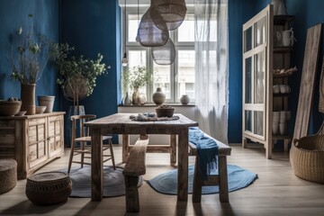 Wooden dining table in white and blue house. Generative AI