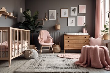 A grey cot with a pink stool, lamp, cabinet, armchair, rug, and poster in a grey infant room. Generative AI