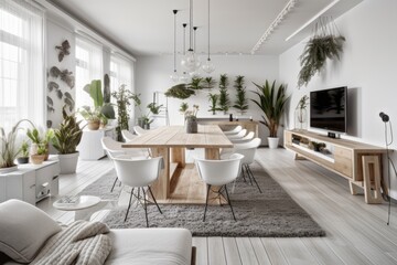 Modern dining and living room, all white project draft. Table, seats, and carpet. Farmhouse decor,. Generative AI