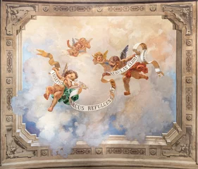 Foto op Aluminium VARALLO, ITALY - JULY 17, 2022: The fresco of angels with the inscriptions for glory of St. Joseph in the church Basilica del Sacro Monteby Pier Celestino Gilardi from 19. cent. © Renáta Sedmáková