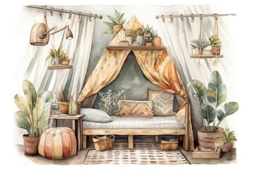 Boho kids' playroom watercolor illustration. Baby bed canopy, tent, basket, nursery décor. Kids' room decor on white. Generative AI
