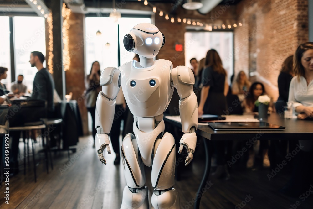 Poster a robot standing in a restaurant with people sitting at tables in the background workshop event phot