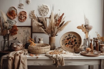 Antique bohemian with dried flowers on white wall. Lifestyle wall. Beige still life. Generative AI