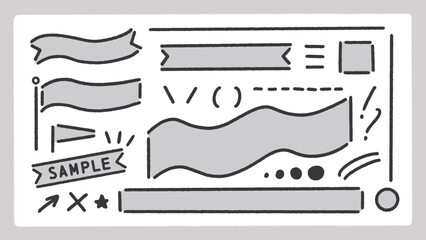 フラッグとリボンと手描きのあしらいのセット - おしゃれでシンプルな線画のバナー - グレー