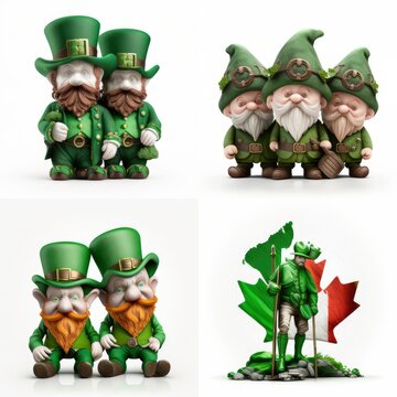 st patricks day leprechaun, set of small characters 3d render, white background isolated, generative ai	
