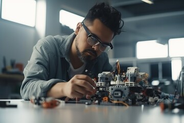 A Man Working On A Robot In A Room With Windows And A Table Workshop Advertising  Generative AI Photography Robotics Engineering