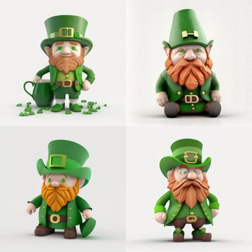 st patricks day leprechaun, set of small characters 3d render, white background isolated, generative ai	
