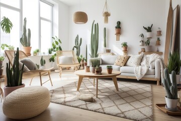 Modern living room with planted cactus. Generative AI