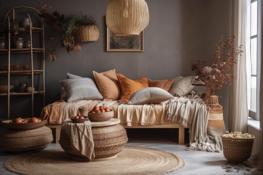 Boho living room with chaise longue, rattan decorating, lamp, cushion, plaid, basket, tea pot, and lovely accessories. Copies. Modern furnishings. Template. Generative AI