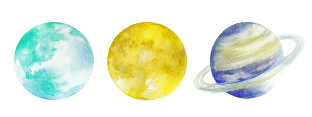水彩で描いた地球と月と土星のイラスト　挿絵　背景イラスト	