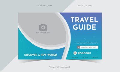 Travel youtube template web banner design. Agency online business video cover premium template for travel guide