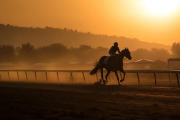 Raamstickers Horse racing at sunset. Silhouette of thoroughbred and jockey. Generative AI. © junghc1
