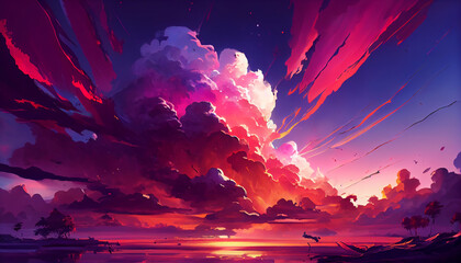 Sunset sky over mountain landscape painted vividly generated by AI