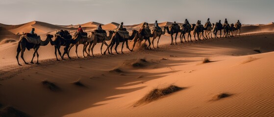 Line of camels carrying treasures over the sahara dessert. Generative AI