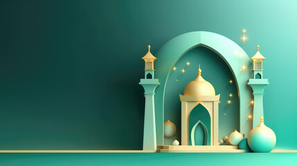 Bright minimalist islamic ramadan banner mosque. Generative AI
