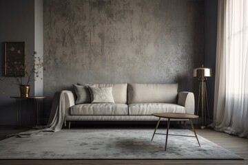 Gray and beige minimalist living room with carpeted floor, wallpaper, and fabric couch. Beautiful vintage decor,. Generative AI