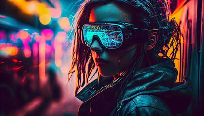 One young adult woman in sunglasses enjoying nightlife generated by AI