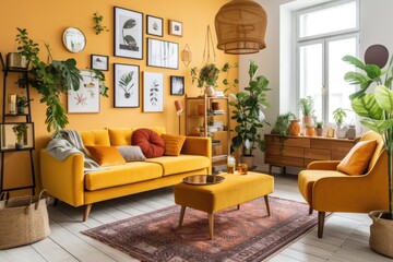 Vintage and scandi living room with yellow couch, faux poster frame, coffee table, plants, commode, cushions, decorating, and stylish personal items. Template. coziness. Generative AI